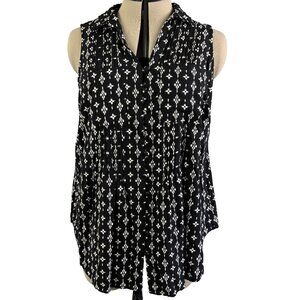 CAFFÉ MARRAKESH Sleeveless Button-Up Blouse 1X – Black & White Ikat Boho Tunic